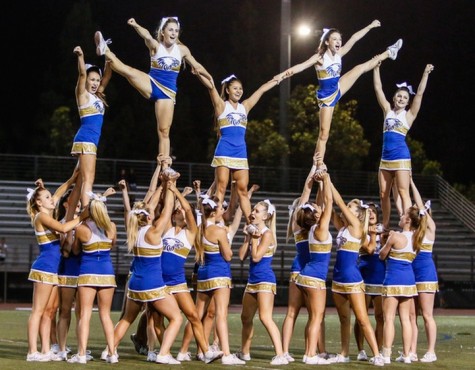 The 2014 pep squad leads the Eagle's Nest in cheers at a football game.