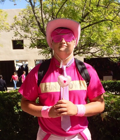 Jennison shows his spirit by dressing in pink.
