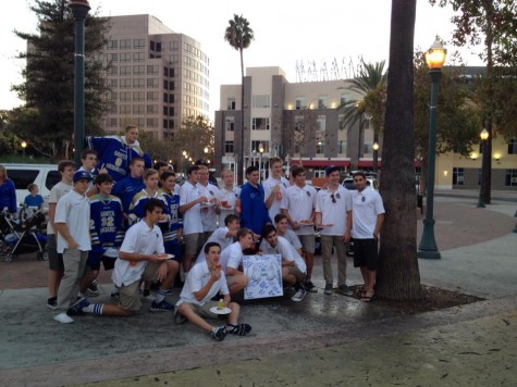 The varsity ice hockey team grabs pizza after their game, and before they head to Angels Stadium for the walk.