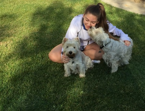 Devin Walsh, sophomore club vice president, embraces her dogs Biscuit and Bandit, who inspire her to reach out to less-fortunate dogs so that they may also belong to loving a family.