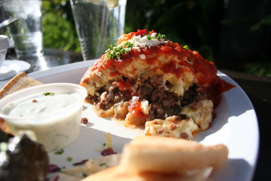 Moussaka (not from Lion King) - This fancy lasagna dish from Thasos Greek Island Grille is made without the carb-loaded pasta strips but rather substituted with layers of grilled eggplant, zucchini, potato and a delicious meat sauce.
