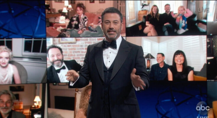 Jimmy Kimmel (center) hosts the 72nd Emmys with some technological flair amidst the Covid pandemic. This was Kimmels second time hosting the awards show.