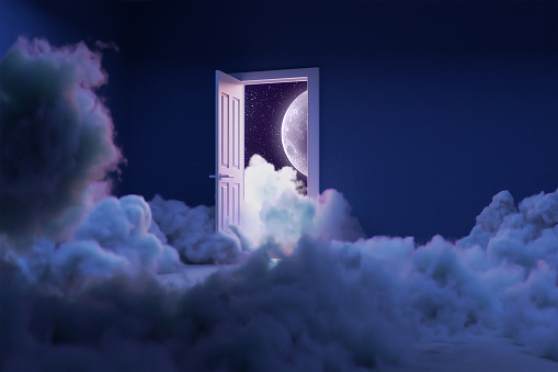 room full of clouds surreal dream 3d rendering moon